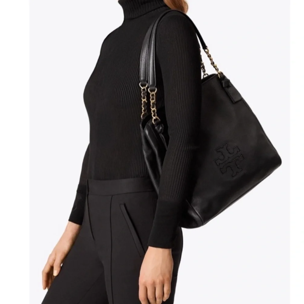 Tory Burch black leather gold chain Harper Tote shoulder handbag purse